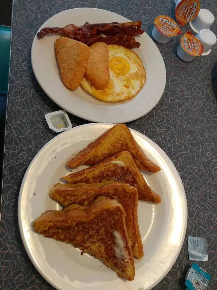 French Toast Eggs Bacon and Hash Browns